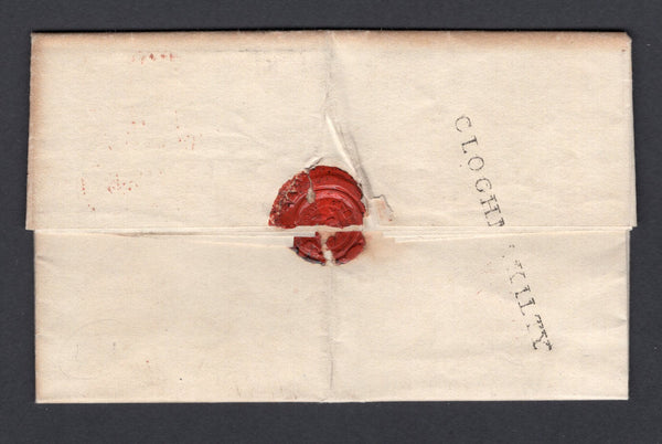 IRELAND - 1848 - PRESTAMP: Complete folded letter datelined 'Clonakilty 5 May' with 'Paid 1d' in red manuscript on from and fine strike of straight line 'CLOGHNAKILTY' marking in black on reverse. Addressed to DUBLIN with boxed 'PAID' arrival mark on front.  (IRE/36911)