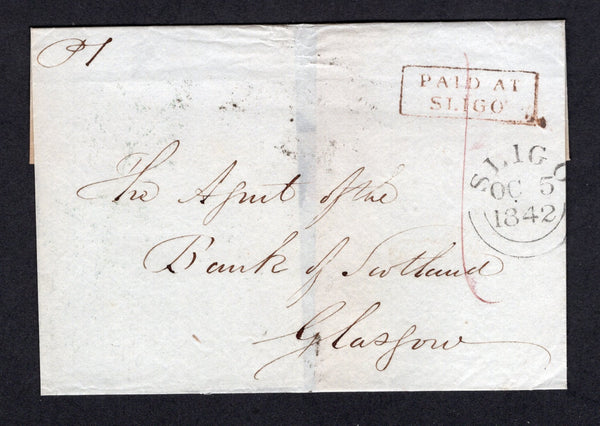 IRELAND - 1842 - PRESTAMP: Cover with fine strike of boxed 'PAID AT SLIGO' marking in red on front with SLIGO cds in black dated OCT 5 1842 alongside and rated '1d' in red manuscript. Addressed to GLASGOW with ENNISKILLEN and BELFAST transit cds's and boxed GLASGOW arrival mark on reverse.  (IRE/36918)