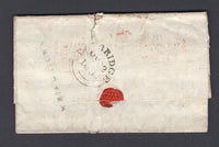 IRELAND - 1837 - PRESTAMP: Cover with manuscript 'Postpaid' and 'Paid 8d' on front with fair strike of straight line 'WARINGSTOWN' marking in black on reverse with boxed 'PAID AT BANBRIDGE' marking in red on front and BANBRIDGE cds dated MAY 22 1837 on reverse. Addressed to DUBLIN with boxed 'PAID' arrival mark in red on front. This is the earliest known use of the 'WARINGSTOWN' mark. Scarce.  (IRE/36942)