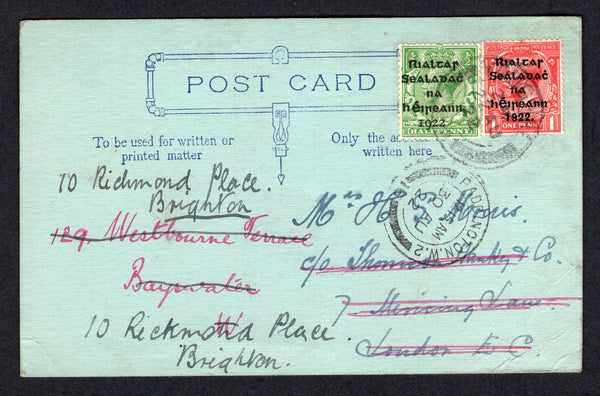 IRELAND - 1922 - PROVISIONAL ISSUE: Plain postcard franked with 1922 ½d green first DOLLARD issue and 1d scarlet first THOM issue (SG 1 & 31) tied by YOUGHAL cds dated 22 AUG 1922. Addressed to UK and readdressed on arrival with PADDINGTON arrival cds on front.  (IRE/37167)