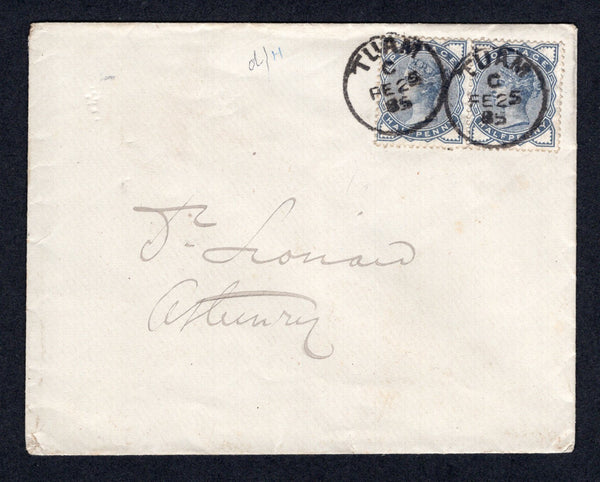 IRELAND - 1885 - GREAT BRITAIN USED IN IRELAND & CANCELLATION: Cover franked with pair 1883 ½d slate blue QV issue (SG 187) tied by tow fine strike of TUAM cds dated FEB 25 1885. Addressed to ATHENRY.  (IRE/38079)