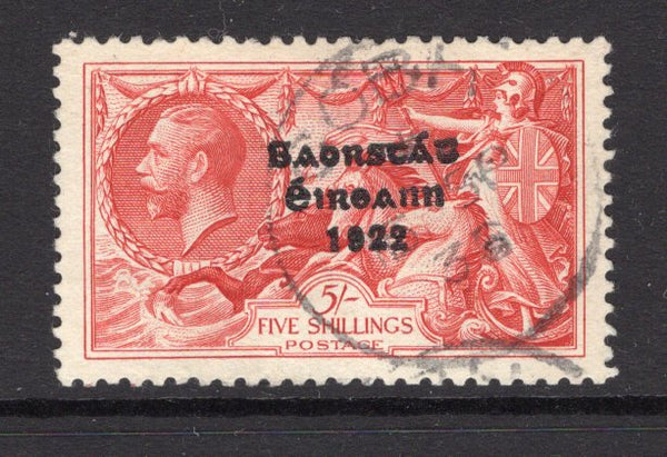 IRELAND - 1935 - SEAHORSE ISSUE: 5/- bright rose red GV re-engraved 'Seahorse' issue with 'Irish Free State 1922' overprint in black, a fine cds used copy. (SG 100)  (IRE/38579)