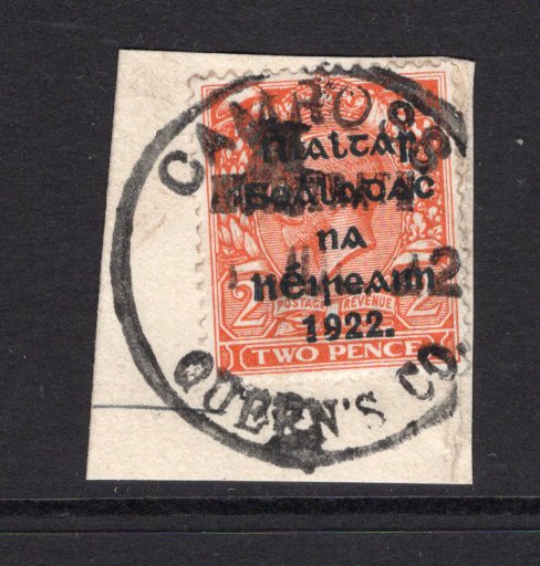 IRELAND - 1922 - PROVISIONAL ISSUE & CANCELLATION: 2d orange GV issue with 'Provisional Government of Ireland 1922' second THOM overprint in black (Die 2) tied on piece by CAMROSS MOUNTRATH QUEEN'S CO. temporary rubber datestamp in black dated JUL 1922. (SG 34)  (IRE/39278)