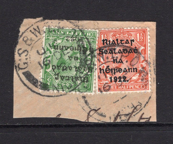 IRELAND - 1922 - CANCELLATION & TRAVELLING POST OFFICE: ½d green GV issue with 'Provisional Government of Ireland 1922' first DOLLARD overprint in black and 1½d red brown with second THOM overprint tied on piece by two strikes of G.S & W. T.P.O. UP NIGHT travelling post office cds dated 16 DEC 1922. (SG 1 & 32)  (IRE/39699)