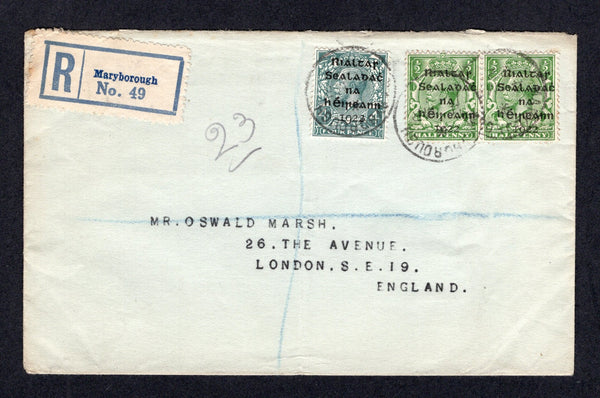 IRELAND - 1922 - PROVISIONAL ISSUE & REGISTRATION: Registered 'Marsh' cover franked with 1922 pair ½d green and single 4d grey green GV issue with 'Provisional Government of Ireland 1922' first DOLLARD overprint in black (SG 1 & 6) tied by multiple strikes of MARYBOROUGH cds dated 4 MAR 1922 with printed blue on white 'Maryborough' registration label alongside. Addressed to UK with transit and arrival marks on reverse. A nice early cover sent less than a month after the stamps were issued.  (IRE/40376)