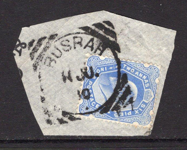 IRAQ - 1910 - INDIA USED IN IRAQ: 2a 6p ultramarine EVII issue of India used on piece with fine strike of large BUSRAH 'Squared Circle' cancel dated 11 JUL 1910. (SG Z163)  (IRQ/13308)