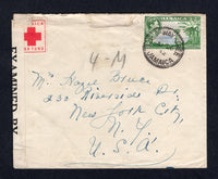 JAMAICA - 1942 - CINDERELLA: Censored cover franked with 1938 3d blue & green GVI issue (SG 126) tied by HALF-WAY TREE cds with red & white JAMAICA WAR FUND 'Red Cross' label affixed at left slightly under censor strip. Addressed to USA.  (JAM/1047)