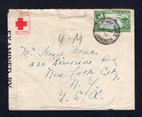 JAMAICA - 1942 - CINDERELLA: Censored cover franked with 1938 3d blue & green GVI issue (SG 126) tied by HALF-WAY TREE cds with red & white JAMAICA WAR FUND 'Red Cross' label affixed at left slightly under censor strip. Addressed to USA.  (JAM/1047)