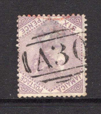 JAMAICA - 1860 - CLASSIC ISSUES & CANCELLATION: 6d dull lilac QV issue, watermark 'Pineapple', a very fine used copy with central 'A30' barred numeral cancel of BLACK RIVER. (SG 5)  (JAM/13725)