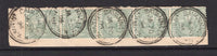 JAMAICA - 1883 - MULTIPLE & CANCELLATION: ½d green QV issue, watermark 'Crown CA' a fine used strip of five on piece tied by multiple strikes of SAVANNAH LA MAR cds's dated JAN 20 1896. (SG 16a)  (JAM/13737)
