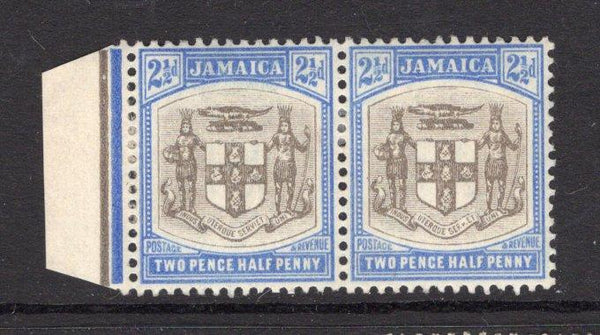 JAMAICA - 1903 - VARIETY: 2½d grey & ultramarine 'Arms' issue, a fine mint side marginal pair with variety SER.ET FOR SERVIET. (SG 35 & 35a)  (JAM/13746)