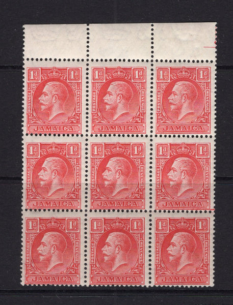 JAMAICA - 1929 - MULTIPLE: 1d scarlet GV issue 'Die 2' a fine mint top marginal block of nine. (SG 108a)  (JAM/13752)