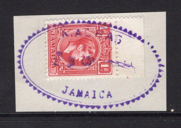 JAMAICA - 1938 - CANCELLATION: 1d scarlet GVI issue, a fine used copy on piece tied by superb strike of MADRAS 'Sawtooth' temporary oval datestamp in purple. (SG 122)  (JAM/13765)