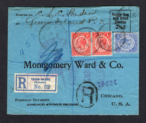 JAMAICA - 1915 - REGISTRATION & CANCELLATION: Registered cover franked with 1912 pair 1d scarlet & 2½d blue GV issue (SG 58a & 61) tied by GREEN ISLAND cds's with printed blue & white 'GREEN ISLAND, JAMAICA' registration label alongside. Addressed to UK with transit & arrival marks on reverse.  (JAM/20825)