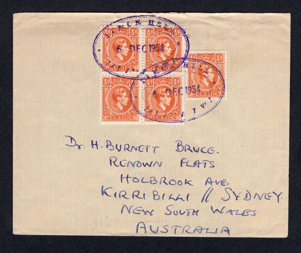 JAMAICA - 1954 - CANCELLATION: Cover franked with 5 x 1938 ½d orange GVI issue (SG 121b) tied by two strikes of LEMON HALL temporary oval cancel in purple. Addressed to AUSTRALIA. A very scarce cancel.  (JAM/20832)