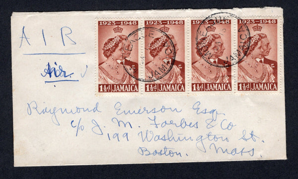 JAMAICA - Circa 1948 - AIRMAIL: Cover franked with strip of four 1948 1½d red brown GVI 'Silver Wedding' issue (SG 143) tied by MONTEAGUE cds's. Sent airmail to USA.  (JAM/20833)