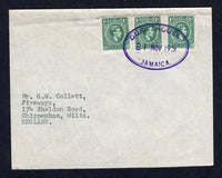 JAMAICA - 1951 - CANCELLATION: Cover franked with 3 x 1938 1d blue green GVI issue (SG 122a) tied by fine strike of DUFF HOUSE temporary oval cancel in purple. Addressed to UK. A very scarce cancel, this postal agency was only open from 1951-1952.  (JAM/20835)