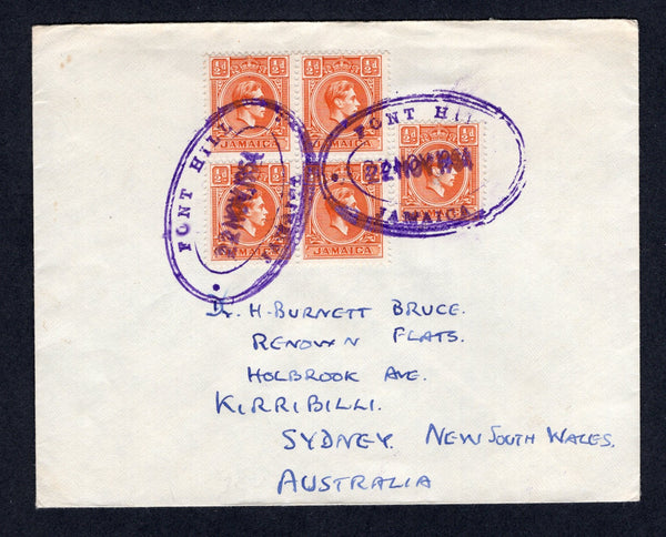 JAMAICA - 1954 - CANCELLATION: Cover franked with 5 x 1938 ½d orange GVI issue (SG 121b) tied by two strikes of FONT HILL temporary oval cancel in purple. Addressed to AUSTRALIA. A scarce cancel.  (JAM/20836)