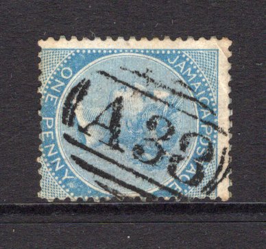 JAMAICA - 1860 - CANCELLATION: 1d blue QV issue, 'Pineapple' watermark used with fine strike of barred numeral 'A38' of FALMOUTH. (SG 1b)  (JAM/24489)