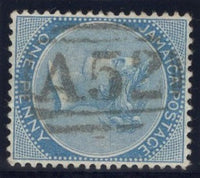 JAMAICA - 1870 - CANCELLATION: 1d blue QV issue, watermark 'Crown CC' used with fine strike of barred numeral 'A52' of MANDEVILLE. (SG 8)  (JAM/24495)