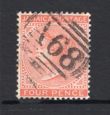 JAMAICA - 1870 - CANCELLATION: 4d red orange QV issue, watermark 'Crown CC' used with fine strike of barred numeral 'A68' of PORUS. (SG 11a)  (JAM/24505)