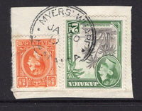 JAMAICA - 1938 - CANCELLATION: ½d orange and 2d grey & green GVI issue tied on piece by fine strike of MYERS' WHARF cds. (SG 121b & 124)  (JAM/24536)