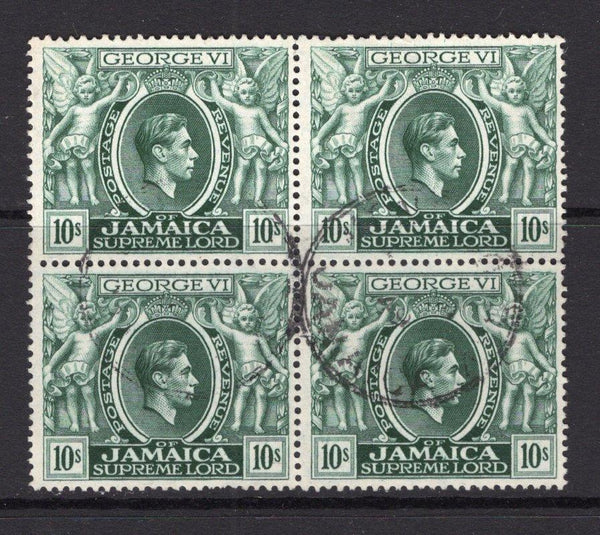JAMAICA - 1938 - GVI ISSUE & MULTIPLE: 10/- myrtle green GVI issue, perf 14, a fine cds used block of four. (SG 133)  (JAM/26133)