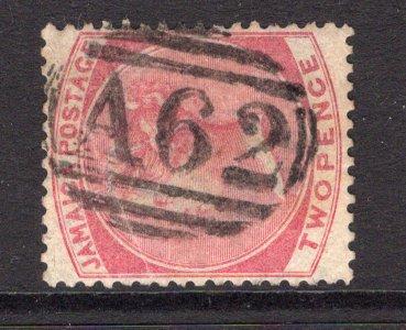 JAMAICA - 1860 - CANCELLATION: 2d deep rose QV issue, 'Pineapple' watermark used with fine strike of barred numeral 'A62' of PLANTAIN GARDEN RIVER. (SG 2a)  (JAM/27292)