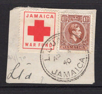 JAMAICA - 1940 - CINDERELLA: 1½d brown GVI issue and undenominated ½d red 'Jamaica War Fund' label depicting a large Red Cross tied on small piece by LIGUANEA cds dated AP 4 1940. (SG 123)  (JAM/27313)