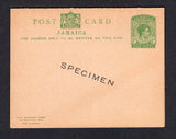 JAMAICA - 1937 - POSTAL STATIONERY: ½d + ½d green on buff GVI postal stationery card (H&G 30, small size card) with small 'SPECIMEN' overprint in black on outgoing card only. Uncommon.  (JAM/27387)