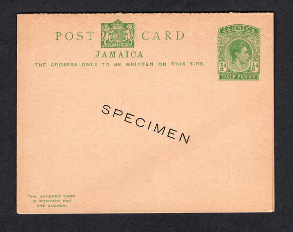 JAMAICA - 1937 - POSTAL STATIONERY: ½d + ½d green on buff GVI postal stationery card (H&G 30, small size card) with small 'SPECIMEN' overprint in black on outgoing card only. Uncommon.  (JAM/27387)