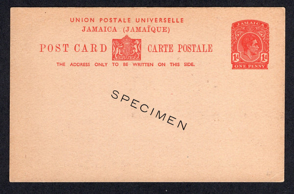 JAMAICA - 1937 - POSTAL STATIONERY: 1d red on buff GVI postal stationery card (H&G 33, standard size card) with small 'SPECIMEN' overprint in black. Uncommon.  (JAM/27388)