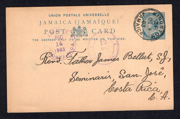 JAMAICA - 1903 - POSTAL STATIONERY & DESTINATION: 1d blue on buff QV postal stationery card (H&G 17) used with KINGSTON cds dated DEC 4 1903. Addressed to COSTA RICA with LIMON transit cds and SAN JOSE arrival cds both on front. A scarce destination.  (JAM/32607)