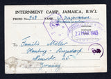 JAMAICA - 1943 - PRISONER OF WAR MAIL: Stampless printed 'INTERNMENT CAMP JAMAICA, B.W.I.' Prisoner of War postcard sent by a German POW interned on the island with good strike of oval 'INTERNMENT & P. OF W. CAMP JAMAICA' cancel in purple dated 22 MAR 1943. Addressed to GERMANY with censor marks on front. Card has surface fault at lower left but scarce.  (JAM/32884)