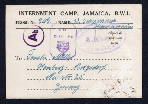 JAMAICA - 1943 - PRISONER OF WAR MAIL: Stampless printed 'INTERNMENT CAMP JAMAICA, B.W.I.' Prisoner of War postcard sent by a German POW interned on the island with good strike of oval 'INTERNMENT & P. OF W. CAMP JAMAICA' cancel in purple dated 9 JAN 1943. Addressed to GERMANY with censor marks on front. Card has surface fault at lower right but scarce.  (JAM/32886)