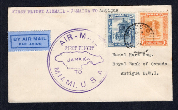 JAMAICA - 1930 - FIRST FLIGHT: Cover with typed 'FIRST FLIGHT AIRMAIL - JAMAICA TO ANTIGUA' at top franked with 1921 2½d dull blue & blue and 1/- orange yellow & brown orange GV issue (SG 98a & 102a) tied by KINGSTON cds dated DEC 10 1930. Flown on the Kingston - St. John's, Antigua first flight with large circular first flight cachet on front and ST JOHNS arrival cds on reverse. A rare flight. (Muller #11, rated 1750pts)  (JAM/33712)