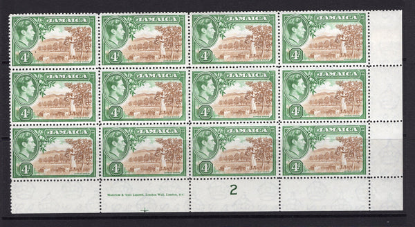 JAMAICA - 1938 - MULTIPLE: 4d brown & green GVI issue, a fine unmounted mint corner marginal block of twelve with complete 'Waterlow & Sons Limited, London Wall, London E.C.' imprint and '2' plate number in margin. (SG 127)  (JAM/35467)