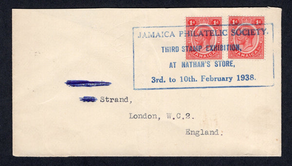 JAMAICA - 1938 - EXHIBITION MAIL: Cover franked with 2 x 1912 1d carmine red GV issue (SG 58) tied by superb strike of large boxed 'JAMAICA PHILATELIC SOCIETY THIRD STAMP EXHIBITION AT NATHAN'S STORE 3rd. to 10th. February 1938' cancel in blue. Addressed to UK with KINGSTON transit cds on reverse.  (JAM/37170)