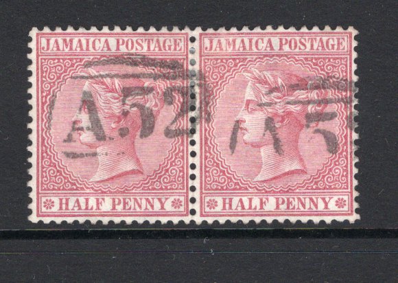 JAMAICA - 1870 - CANCELLATION & MULTIPLE: ½d claret QV issue, a fine used pair with two strikes of barred numeral 'A52' of MANDEVILLE. (SG 7)  (JAM/38317)