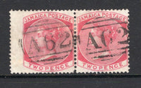 JAMAICA - 1870 - CANCELLATION & MULTIPLE: 2d deep rose QV issue, a fine used pair with two strikes of barred numeral 'A62' of PLANTAIN GARDEN RIVER. (SG 9a)  (JAM/38319)