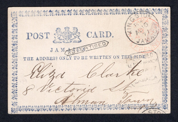 JAMAICA - 1877 - POSTAL STATIONERY: 'HALFPENNY' red with grey blue border postal stationery card (H&G 4) used with KINGSTON 'B4' cds in black dated AUG 16 1877. Addressed to ALMAN TOWN, unclaimed with 'ADVERTISED' lozenge marking in black and boxed 'RETURNED LETTER BRANCH JAMAICA 13 SEP 1877' marking both on front. A fine & very rare card in used condition.  (JAM/38436)