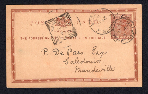 JAMAICA - 1897 - POSTAL STATIONERY & CANCELLATION: ½d red brown on buff QV postal stationery card (H&G 7) datelined 'Hampton July 21st 97' on reverse used with MALVERN cds dated 21 JUL 1897 with fine strike of SANTA-CRUZ transit cds dated the same day alongside. Addressed to MANDEVILLE with squared circle arrival cds on front.  (JAM/38743)