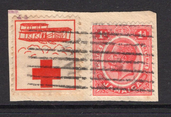 JAMAICA - 1916 - CINDERELLA: 1d carmine red GV issue and ½d red 'Jamaican Patriotic Stamp League' RED CROSS charity issue depicting a Red Cross & Biplane without any wording tied together on small piece by 'Lines' cancel. (SG 58)  (JAM/39285)
