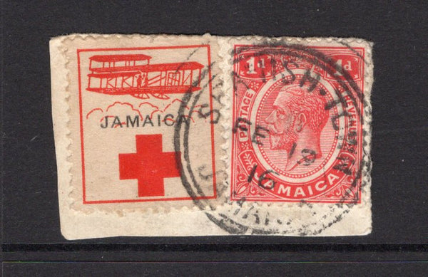 JAMAICA - 1916 - CINDERELLA: 1d carmine red GV issue and ½d red 'Jamaican Patriotic Stamp League' RED CROSS charity issue depicting a Red Cross, Biplane and with 'JAMAICA' printed in black tied together on small piece by SPANISH TOWN cds dated FEB 19 1916. (SG 58)  (JAM/39286)