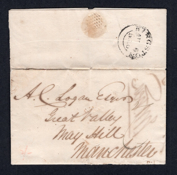 JAMAICA - 1836 - PRESTAMP: Complete folded letter with KINGSTON cds in black on reverse dated AUG 6 1836. Addressed to 'A. L. Logan Esquire Great Valley, May Hill, Manchester'. Some small faults but a nice early letter.  (JAM/40158)
