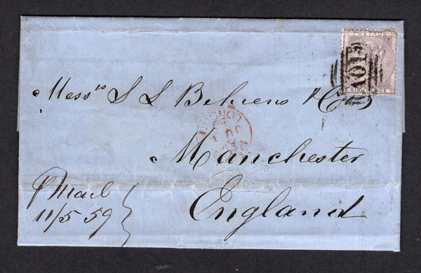 JAMAICA - 1859 - GREAT BRITAIN USED IN JAMAICA: Complete folded letter datelined 'Kingston Jamaica 11 May 1859' franked with Great Britain 1855 6d lilac QV issue (SG 68 without corner letters, Jamaica SG Z15) tied by barred numeral 'A01' in black  with KINGSTON JAMAICA cds dated MAY 11 1859 on reverse. Addressed to UK with transit & arrival marks on front & reverse. The cover has a horizontal crease affecting the very top of the stamp but otherwise a rare cover.  (JAM/40159)