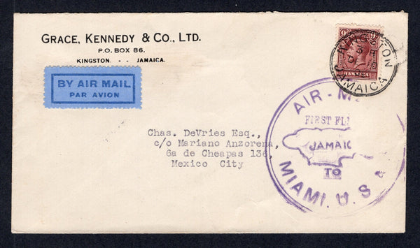 JAMAICA - 1930 - FIRST FLIGHT: Cover franked with single 1929 9d maroon GV issue (SG 110) tied by KINGSTON cds dated DEC 10 1930. Flown on the Kingston - Mexico City first flight with large circular first flight cachet on front and MEXICO CITY arrival cds on reverse. A rare flight unlisted by Muller. (Muller #Unlisted)  (JAM/41417)