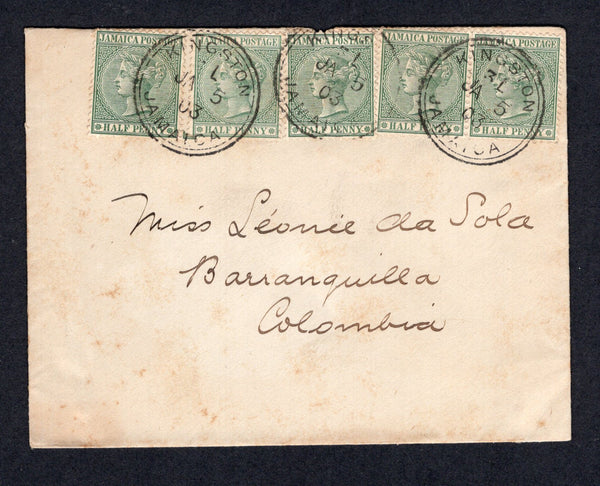 JAMAICA - 1903 - DESTINATION: Cover franked with 5 copies of 1883 ½d green QV issue (SG 16a) tied by KINGSTON cds's. Addressed to BARRANQUILLA COLOMBIA with arrival cds on reverse.  (JAM/614)