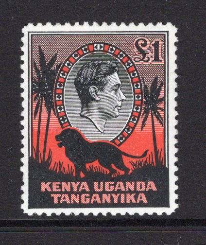 KENYA, UGANDA & TANGANYIKA - 1938 - GVI ISSUE: £1 black & red GVI issue on chalk surfaced paper, perf 12½, a fine mint copy. (SG 150b)  (KUT/14016)