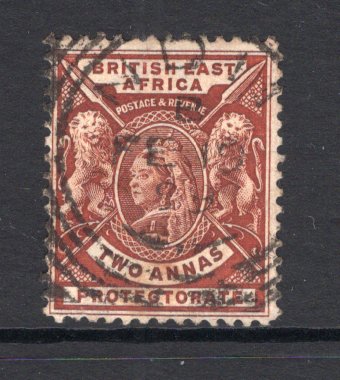 KENYA, UGANDA & TANGANYIKA - 1896 - BRITISH EAST AFRICA - CANCELLATION: 2a chocolate QV issue used with good central strike of NDII squared circle cds dated FEB 19 1899. A very rare cancel. (SG 67)  (KUT/14031)